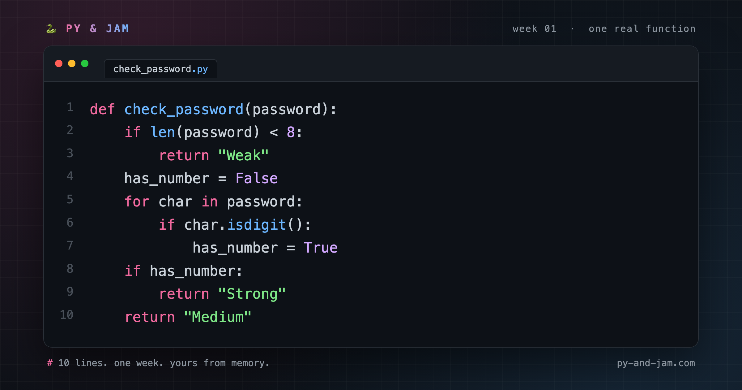 The complete check_password() function in a dark code editor window with numbered lines 1 to 10 and Python syntax highlighting