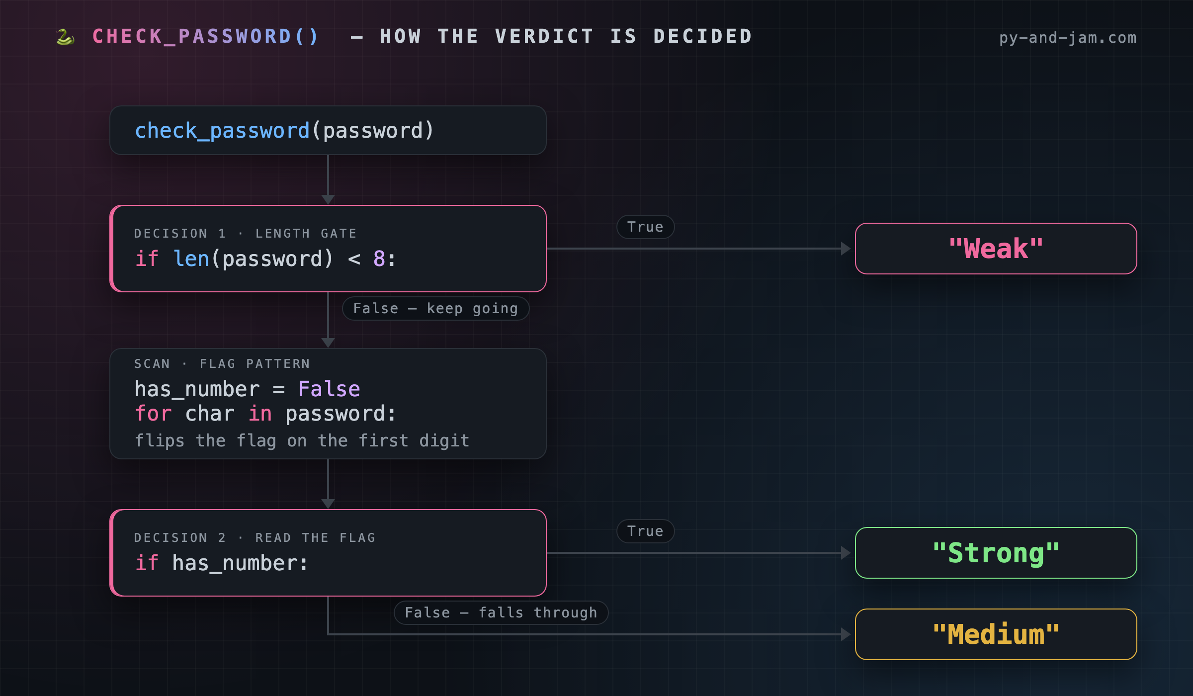 Flowchart of check_password with decision 2 reading the has_number flag, branching True to Strong and falling through to Medium